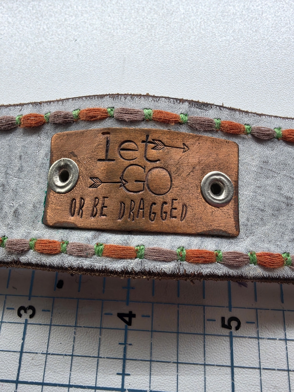 Upcycled Leather Belt Bracelet | Unique Gift | Let Go Or Be Dragged | 8.5"
